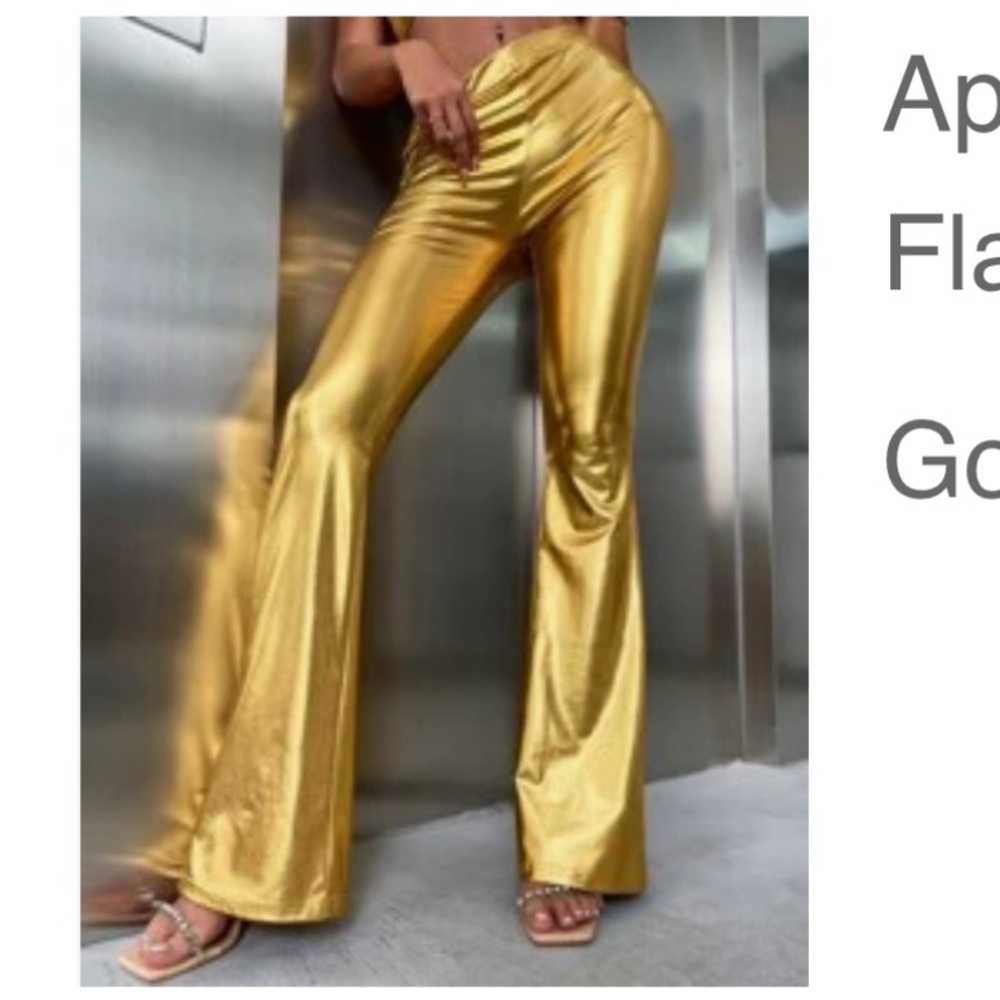 New High Waist Elastic Waist PU Polyurethane Flare Leg Gold Metallic Pants